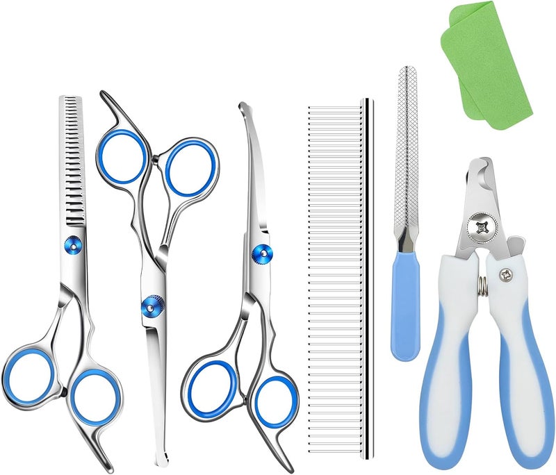 wikdey Dog Grooming scissors Kit,Includes Curved Thinning straight scissors,Comb,Grooming nail clipers,Nail Trimmer,Dog Grooming Scissors with Safety Round Tips,pet Grooming kit for Small Dogs&Puppies - Image 1